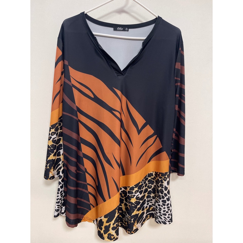 Lily by Firmiana Mixed Animal Print Tunic Top V-Neck Tiger Leopard XL